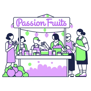 A vibrant festival booth dedicated to "passion fruits" is set up in an outdoor area. The booth features a colorful banner with the words "Passion Fruits" prominently displayed. Various decorations adorn the booth, including strings of green and purple lights hanging from above. 

Tables are filled with an array of products showcasing "passion fruits," such as jars of "passion fruit jam," bottles of "passion fruit juice," and fresh "passion fruits" neatly arranged in baskets. There are also small tasting cups available for visitors to sample the juice. 

In the background, festival-goers are enjoying the atmosphere, with some taking photos of the booth while others are chatting and tasting the products. A cheerful staff member wearing a colorful apron is engaging with customers, offering them information about the "passion fruits" and encouraging them to taste the samples.
