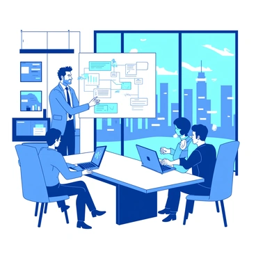 A blue digital marketing consultant is standing at a whiteboard in a tech-themed office. The consultant is wearing a smart casual outfit and is gesturing towards colorful campaign ideas written on the board. Around the consultant, there are three team members seated at a sleek white table with laptops open in front of them, taking notes and looking engaged. The office has modern furniture and is decorated with tech gadgets and screens displaying data analytics. A large window reveals a city skyline in the background.