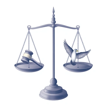 A pair of balanced scales stands in the center of the image. On one side of the scales, a gavel is positioned upright, symbolizing authority and justice. On the opposite side, a bird is depicted in flight, with its wings fully extended, showcasing freedom and grace. The scales remain evenly balanced, emphasizing the contrast between the two elements. The background is neutral to ensure the focus remains on the scales and their contents.