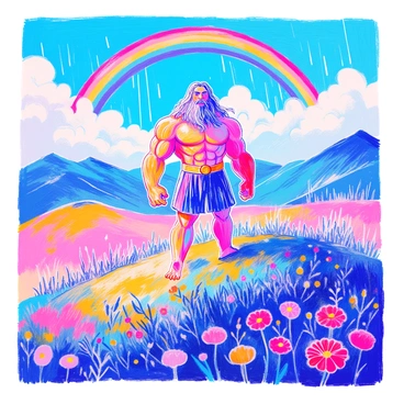A titan with towering stature and defined muscles stands proudly on a lush green hill. The titan has long, flowing hair that cascades down his back, glistening with moisture from the rain. His skin is richly textured, reflecting the vibrant colors of the landscape around him. Above, a "vibrant rainbow" arcs across the sky, its colors vivid against a backdrop of fluffy white clouds. The bright landscape features a variety of blooming flowers in various colors and a clear blue sky. The ground is dotted with glistening raindrops, illuminating the scene with a fresh and lively ambiance.