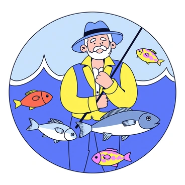 A mural depicting a historical fisherman with a weathered face and a wide-brimmed hat, holding a fishing rod. The fisherman is surrounded by a variety of fish, including a large, detailed cod and several smaller colorful fish. The background features gentle waves and a clear sky, enhancing the oceanic theme. The scene is filled with intricate details, highlighting the textures of the fisherman's clothing and the scales of the fish.