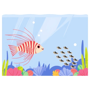 A lionfish with long, flowing fins and striking red and white stripes is stealthily approaching a school of small, shimmering silver fish. The lionfish's spines are prominently displayed as it moves quietly through the clear blue water. The school of small fish is tightly grouped together, their scales reflecting light as they swim, unaware of the predator lurking nearby. Tiny bubbles rise around them, adding to the underwater atmosphere. Various colorful corals and sea plants are visible in the background, creating a vibrant marine environment.