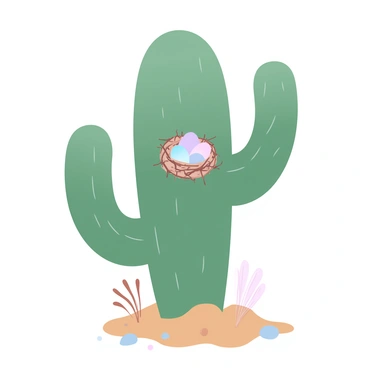 A large desert cactus stands tall, its green arms stretching outward, creating a protective embrace. Within the curves of the cactus arms, a cozy nest is beautifully nestled, made of twigs and soft materials. The nest is filled with small eggs, showcasing various pastel shades. Surrounding the cactus, the sandy desert floor is visible, scattered with a few rocks and dry grasses, completing the scene.
