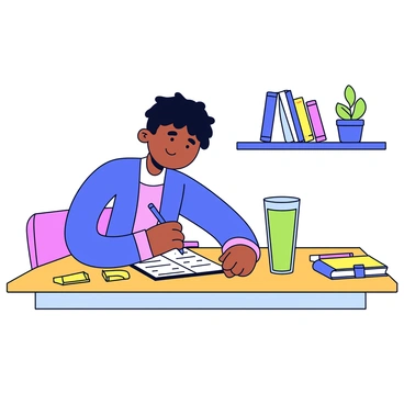 A student habit-stacking study techniques, using flashcards while sipping a smoothie and taking notes.