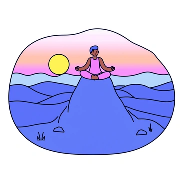 A lone figure sitting cross-legged in a meditative pose on top of a rocky mountain peak. The figure is outlined against the vibrant colors of the sunrise, with shades of orange, pink, and yellow illuminating the sky. Below the mountain, vast landscapes stretch out, featuring rolling hills and distant valleys. The foreground includes patches of grass and stones, while the background showcases a gradient sky transitioning from dark blue to soft pastels.