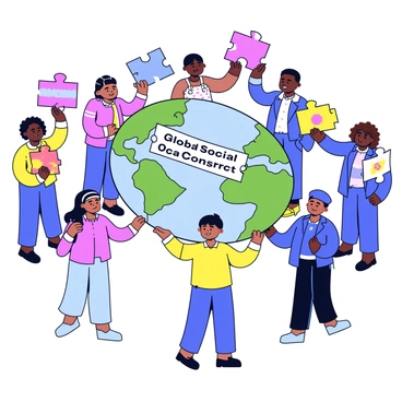A diverse group of people from different countries is standing together in a circle. Each person is holding up a large, colorful piece of a puzzle. When combined, these puzzle pieces create an image of the Earth. The Earth is prominently labeled with the phrase "Global Social Contract" across the center. The individuals vary in appearance, representing various ethnicities, and they wear traditional clothing from their respective cultures. The background is simple to keep the focus on the group and the puzzle pieces.
