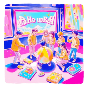 BTS members are gathered on a brightly lit variety show set, all wearing matching colorful outfits. They are engaged in a lively game, with one member holding a large inflatable ball while others prepare to catch it. The background features vibrant decorations and a large screen displaying the show's title in bold letters. Various game props, like oversized playing cards and playful inflatable objects, are scattered around. The atmosphere is filled with excitement as the members laugh and cheer, each showcasing their playful personalities.