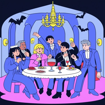 Vampires having a lively party in a gothic, comic-style setting