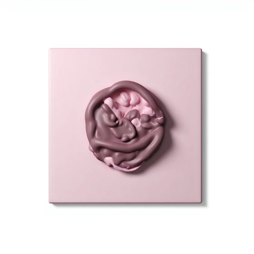 A contemporary art piece featuring a detailed representation of a placenta. The piece captures the intricate texture of the placenta, showcasing its unique shapes and patterns. The color palette includes various shades of pink and maroon, highlighting the organic nature of the subject. The artwork is presented on a square canvas with a smooth finish, emphasizing the contrast between the rough textures of the placenta and the sleek background. The overall composition invites viewers to explore the subtle details and complexities of this biological form.