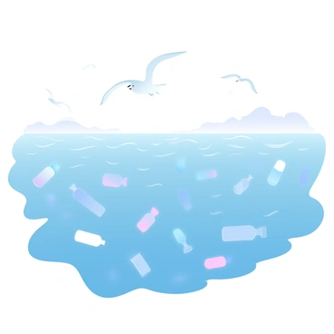 A vast ocean surface extends to the horizon, filled with various pieces of plastic waste floating atop the water. The plastic items range from bags to bottles, creating a stark contrast against the shimmering blue of the ocean. The sunlight glints off the surface, illuminating the scattered debris. In the background, gentle waves ripple, emphasizing the scale of the pollution. A few seagulls are visible above, circling the area, while distant landmasses can be seen faintly on the horizon.