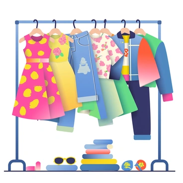 A clothing rack is filled with a variety of retro garments from different decades. There are brightly colored dresses from the 1960s with bold patterns and flowing silhouettes hanging on the left side. Next to them, 1970s bell-bottom jeans are draped alongside flowy blouses with floral prints. On the right side, there are 1980s shoulder-padded jackets in vibrant hues and graphic tees folded neatly. Each garment displays its unique style and texture, and some accessories like chunky necklaces and vintage sunglasses are placed on the bottom of the rack. The setting has a soft lighting that accentuates the rich colors and designs of the clothing.