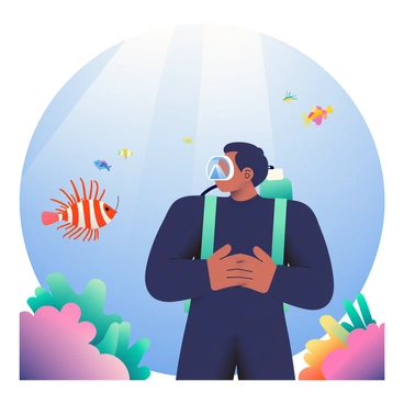 A scuba diver with medium skin and short black hair is underwater, observing a lionfish from a safe distance. The diver is wearing a black wetsuit and a clear mask, with an oxygen tank on their back. The lionfish, with its striking red and white striped fins and long, venomous spines, is floating nearby among vibrant coral formations. Small schools of colorful fish swim in the background, and rays of sunlight penetrate the water, creating a serene underwater atmosphere. The diver's hands are crossed in front of them as they watch the lionfish intently.