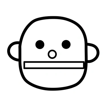 A face made entirely of basic geometric shapes. It has two large circles as eyes, a smaller circle for the nose, and a wide, horizontal rectangle as the mouth. The head is formed by a large oval shape, while the ears are represented by two triangles on either side. Each shape is distinct and clearly defined, creating a simple yet recognizable facial expression.