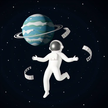 An astronaut, dressed in a white space suit with a reflective visor, is floating in the vastness of space. The astronaut's arms and legs are spread out, creating a relaxed posture against the backdrop of countless stars. Surrounding the astronaut are multiple film rolls, each spinning slowly in a delicate orbit. In the distance, a large, colorful planet is visible, featuring vibrant blues and greens on its surface, with wispy white clouds swirling in its atmosphere. The scene conveys a sense of tranquility and exploration in the cosmic expanse.