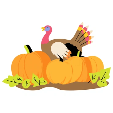 A turkey with brown and white feathers standing prominently among a patch of large, orange pumpkins. The turkey has a fan of colorful tail feathers displayed behind it. The pumpkins vary in size and shape, some are round while others are slightly oval. Lush green leaves surround the pumpkins, creating a vibrant contrast with their bright orange color. The ground is slightly muddy, indicating the earthy setting of a farm in autumn.