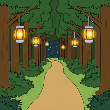 A narrow path winds through a dense forest filled with tall, green trees. The path is surrounded by lush underbrush and ferns. Along the sides of the path, there are several glowing lanterns hanging from the branches of the trees, casting a warm, inviting light. The lanterns are round with a vintage design, their glass glowing softly in shades of orange and yellow. The forest floor is covered in a layer of soft moss, and small twinkling lights can be seen in the background, adding to the enchanting atmosphere of the scene.