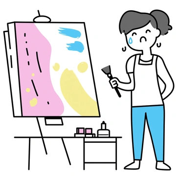 An artist, wearing a white smock and blue jeans, stands in front of a large canvas. Their face displays a mixture of sadness and relief as tears stream down their cheeks. The canvas is filled with vibrant colors and expressive strokes that reflect their emotional journey. Brushes and paint tubes are scattered on a nearby table, while the artist's hands, slightly trembling, hold a brush poised above the canvas. The studio is dimly lit, allowing the colors of the painting to stand out prominently against the background.