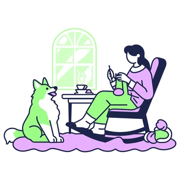 A collie curiously observing a person knitting on a rocking chair