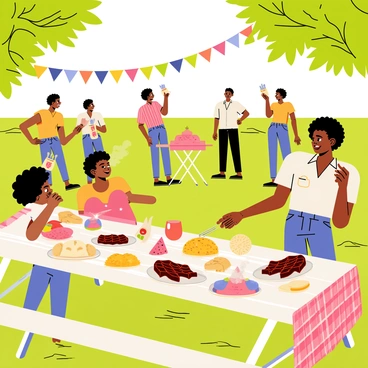 A family gathered at a park for a Juneteenth BBQ. The scene includes a large picnic table covered with colorful checkered tablecloths, laden with traditional foods such as barbecue ribs, cornbread, macaroni and cheese, and watermelon slices. In the background, several family members are smiling and chatting, while others are grilling on a portable barbecue grill. Colorful balloons and banners celebrating Juneteenth are visible, adding a festive atmosphere. The park is filled with green grass and trees, creating a lively outdoor setting.