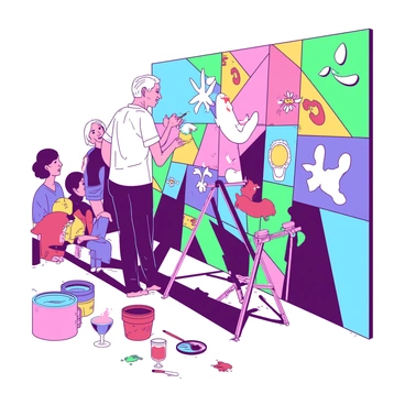 A senior citizen with gray hair is standing on a small ladder, focused on painting a vibrant mural on a community wall. The mural features an array of colorful elements including flowers, birds, and geometric shapes in various sizes. The paintbrush in the senior citizen's hand is dipped in bright colors, and splashes of paint can be seen on their shirt. The wall behind them is partly covered in vivid strokes, showcasing a blend of colors that creates an engaging scene. A few onlookers can be seen in the background, admiring the artwork.