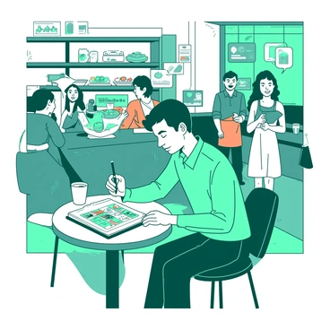 A teal cartoonist is sitting at a small round table in a bustling cafe, drawing humorous comic strips in a sketchbook. The cartoonist has a focused expression, with a pencil poised in hand, capturing the lively scene around. Surrounding the table are various cafe patrons, including a man in a blue shirt sipping coffee and a woman in a white dress laughing with her friends. In the background, there are shelves filled with colorful pastries and a barista in an orange apron preparing drinks. The atmosphere is vibrant, filled with chatter and the aroma of brewed coffee.