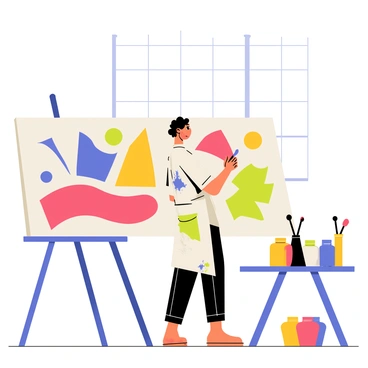 An artist standing in a modern art studio is focused on creating bold geometric patterns on a large canvas. The canvas features vibrant shapes in various colors including red, blue, yellow, and green. The artist is wearing a paint-splattered apron and holds a brush in one hand while the other hand is poised to apply another stroke. The studio is filled with jars of paint and brushes scattered on a table nearby, and large windows let in bright sunlight, illuminating the creative space.