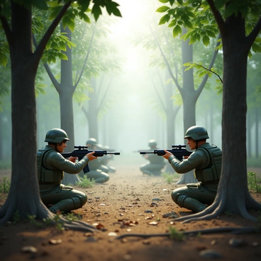 A group of soldiers in tactical gear is setting up an ambush in a misty forest clearing. The soldiers are crouched behind trees, with rifles readied and focused expressions. Some are adjusting their camouflage while others are surveying the surroundings. The mist hangs low among the trees, creating a mysterious atmosphere. Sunlight filters through the leaves, casting dappled shadows on the forest floor. The clearing is scattered with fallen leaves and branches, adding to the natural setting.