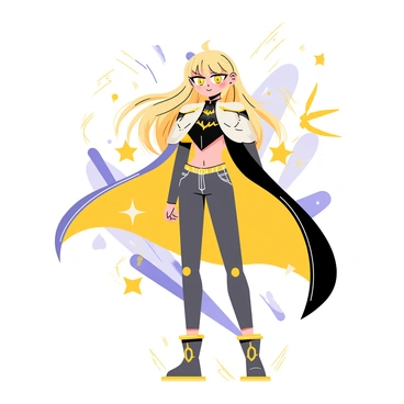 An anime character with long flowing hair is in the middle of a transformation into their heroic alter ego. The character wears a stylish outfit that is partially changing, with elements of armor and a flowing cape becoming visible. Their eyes are glowing, displaying a fierce determination. Around them, vibrant energy swirls, with sparks of light and bursts of color highlighting the transformation. In the background, a mix of abstract shapes and dynamic lines suggests movement and energy, enhancing the sense of action and excitement.