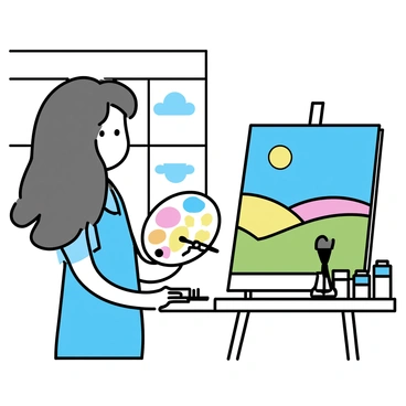 A girl with long brown hair is standing in front of a canvas in a bright studio. She is wearing a light blue shirt and denim overalls. Her palette is filled with various shades of paint, and she is holding a brush covered in vibrant colors. The canvas depicts a colorful landscape with rolling hills, a blue sky, and a bright sun. Brushes and tubes of paint are scattered on a nearby table. Sunlight streams in through a window, illuminating the workspace.