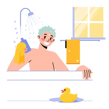 A cheerful morning shower scene featuring a person with short, wet hair using a blue bottle of shampoo. The person is smiling and has water droplets glistening on their skin. Nearby, a bright orange towel hangs on a rack, adding a pop of color to the scene. Soft light filters in through a frosted glass window, illuminating the area with a warm glow. A rubber duck floats in a small puddle on the floor, enhancing the playful atmosphere.