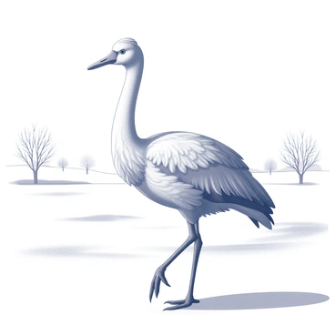 A "cigogne" is standing in a snow-covered field. Its feathers are fluffed against the cold, showcasing the intricate details of its plumage. The background features a blanket of snow, creating a stark contrast with the bird. The landscape is flat and expansive, with patches of snow reflecting light. In the distance, there are hints of leafless trees, their branches silhouetted against the winter sky. The cigogne stands tall, its long legs slightly bent as it navigates through the snowy terrain.