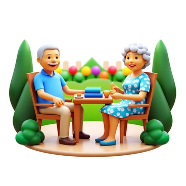 An elderly couple sitting comfortably on a porch, surrounded by lush greenery. The man has gray hair and is wearing a light blue shirt and beige pants, while the woman has curly white hair, dressed in a floral dress. They are both smiling, sharing a cup of tea, with a small table that has a few books on it between them. In the background, there is a garden filled with colorful flowers. The scene conveys a sense of tranquility and happiness, illustrating the benefits of a secure pension plan.