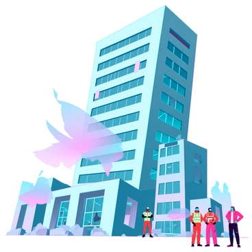 A large building with a modern architectural design shows signs of partial collapse on one side, with crumbling concrete and exposed steel beams. Debris is scattered around the base, including large chunks of concrete and shattered glass. Dust clouds rise into the air, creating a hazy atmosphere. Nearby, emergency responders in bright uniforms assess the situation, and onlookers gather at a safe distance, expressing concern as they watch the scene unfold. A vivid blue sky contrasts with the chaos below, emphasizing the dramatic nature of the event.
