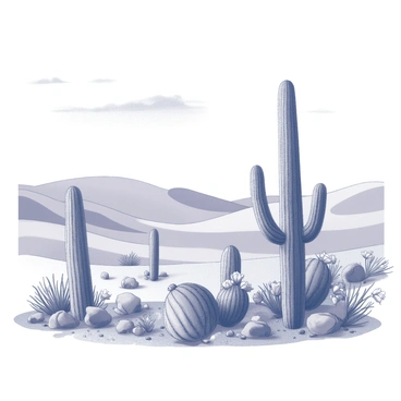 A vast desert landscape with rolling sand dunes and a clear horizon. In the foreground, several tall cacti with distinct shapes are prominent, displaying various sizes and textures. Surrounding the cacti are numerous flowering desert plants, showcasing detailed blossoms and leafy structures. The ground is scattered with rocks and small pebbles, contributing to the rugged terrain of the desert. The sky above is expansive, with a few wispy clouds creating a sense of openness.
