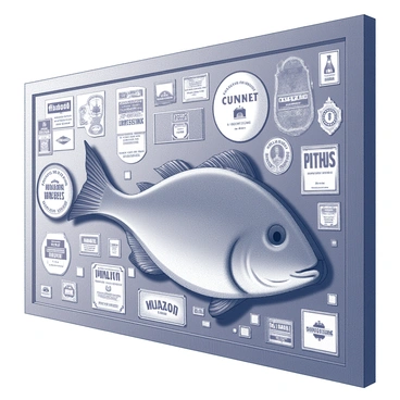 A large mosaic art piece featuring a variety of tin fish can labels. The labels display different designs and logos, arranged meticulously to create a cohesive image. The mosaic is mounted on a wooden panel, with a smooth finish. Each label is carefully cut and positioned, showcasing the texture of the tin and the glossy surface of the printed designs. The overall composition is intricate, highlighting the contrasts between the shapes and colors of the labels. The artwork captures the eye with its unique presentation and the detail in the arrangement of the labels.