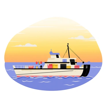A large barge with a weathered hull is positioned at the forefront, its deck cluttered with cargo and ropes. The ocean waves gently lap against the sides, reflecting the soft golden light of the rising sun. In the background, the horizon showcases a vibrant gradient of yellow and orange hues, blending into the blue sky. Wispy clouds catch the sunlight, enhancing the warm colors of the scene. The tranquil water stretches toward the horizon, creating a serene backdrop for the barge's journey.