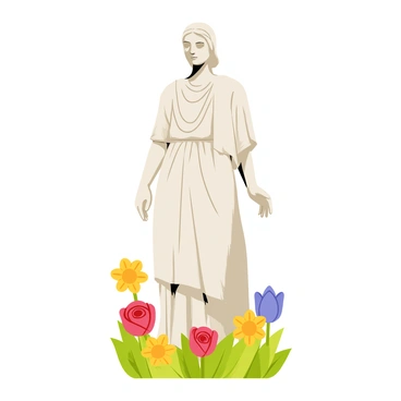 A classical garden statue depicting a serene figure standing gracefully. The statue is made of white marble, with intricate details on the clothing and features. Surrounding the statue are vibrant blooming flowers in various colors, including red roses, yellow daisies, and purple tulips. Lush green foliage forms a border around the flowers, adding to the rich texture of the scene. Soft sunlight casts gentle shadows, highlighting the beauty of both the statue and the flowers.