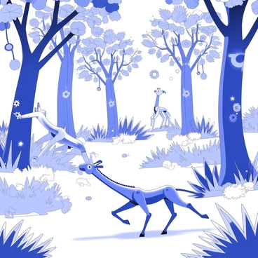 A synthetic jungle filled with mechanical trees that have intricate metal branches and gears visible in their trunks. Various robotic animals, including a metallic giraffe with long, slender legs and a sleek, shiny body, and a robotic cheetah with sharp angles and quick movements, are racing through the dense foliage. The ground is covered with artificial grass and brightly designed flowers made of plastic. Some of the trees have artificial fruits dangling from their branches, while others have glowing elements embedded in the bark. The atmosphere is dynamic, with gears and machinery elements subtly integrated into the environment.