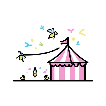 A small circus tent with red and white stripes stands in the center of the image. Inside the tent, several tiny flies are performing acrobatics. One fly is in mid-air, executing a flip, while another fly balances on a tightrope made from a thin thread. Nearby, a group of flies watches, their wings shimmering in the light. The ground is scattered with colorful confetti. The scene captures the playful and lively atmosphere of a circus.
