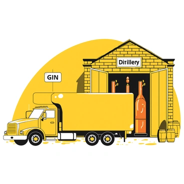 A large truck is parked in front of a gin distillery, with its rear doors open. The truck is equipped with a yellow cargo area. The distillery has large, open doors revealing shiny copper stills inside. The brick exterior of the distillery is visible, showcasing its industrial design. The ground is covered with gravel, and there are a few barrels stacked nearby, indicating the production area. A small sign above the doors displays the name of the distillery prominently.