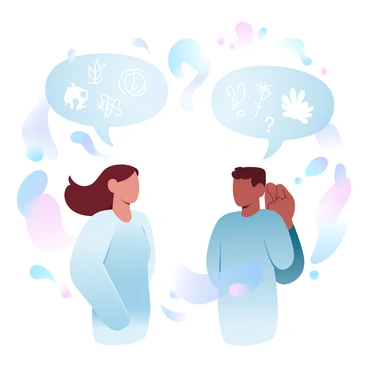Two individuals are standing facing each other, each holding a speech bubble with different symbols representing their languages. One speech bubble features geometric shapes and abstract lines, while the other contains icons of animals and plants. Around them, various question marks and exclamation points float in the air, illustrating their confusion. The background is filled with subtle gradient pastel colors that enhance the scene.