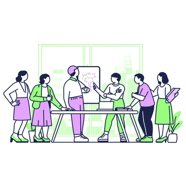 A group of colleagues is gathered in a modern office space, engaged in an enthusiastic discussion. There are five individuals, three men and two women, standing around a large rectangular table cluttered with notebooks, pens, and a laptop. One man is writing down ideas on a whiteboard that is mounted on the wall, while another woman is animatedly pointing towards the board. The third man is leaning forward, listening intently, with his arms crossed. The two women are sharing a laugh, one of them holding a notepad. Large windows allow natural light to fill the room, showcasing a cityscape outside. The office features sleek furniture and potted plants, adding a touch of greenery to the modern design.