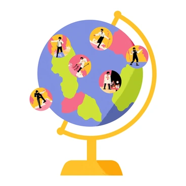 A globe featuring detailed continents with vibrant colors, showcasing images of "Michael Jackson" performing in various countries. Around the globe, there are small, circular cutouts that display scenes of "Michael Jackson" dancing on stage in iconic locations, such as the Eiffel Tower in France, the Great Wall of China, and the Sydney Opera House in Australia. Each image captures "Michael Jackson" in dynamic poses, wearing his signature outfits, and surrounded by enthusiastic crowds. The globe sits on a golden stand, complementing the colorful world map design.