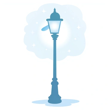 A lone nightingale is perched atop a lamppost, its silhouette sharp against the backdrop of a starry sky. The lamppost is tall and ornate, gleaming softly in the faint light of a nearby streetlight. The nightingale has a slender body and delicate wings, with its head slightly tilted as it sings. Surrounding the lamppost are twinkling stars scattered across the deep blue expanse of the night sky, creating a peaceful atmosphere. The ground below the lamppost is dimly lit, with shadows stretching out into the darkness.