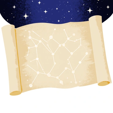 An ancient parchment with a textured surface displaying intricate constellation patterns in vibrant white lines. The parchment is slightly curled at the edges, hinting at its age. Overlaid on top is a deep blue starry sky filled with numerous shimmering stars. The constellations are connected by faint glowing dots, creating recognizable shapes against the backdrop. The night sky appears to have varying shades of blue, transitioning into darker hues as it approaches the edges, enhancing the mystical feel of the scene.