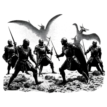 A fantasy battle scene unfolds on a rocky terrain. Several knights in ornate armor are engaged in combat, wielding swords and shields. Each knight has distinct features and intricate armor designs, showcasing their unique styles. In the background, mythical beasts, such as a dragon with large wings and a griffin with sharp claws, are prominently involved in the fray. The atmosphere is charged with tension, as the knights bravely face the formidable creatures. Dust and debris are kicked up around them, adding to the intensity of the scene. "Victory or defeat" is captured in the expressions of the knights as they strategize in the heat of battle.