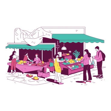 A bustling market scene features various stalls displaying an array of goods. One stall is filled with fresh fruits in vibrant shades, while another showcases handmade crafts. Animated shoppers can be seen engaging with vendors, some carrying colorful bags. A teal awning hangs over one of the stalls, providing shade, while a white banner flutters above, displaying the market's name. The ground is made of cobblestones, adding texture to the lively scene.