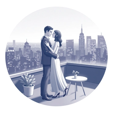 A couple is engaged in a romantic embrace on a rooftop. The man and woman stand close together, their faces gently leaning toward each other, showcasing affection. The skyline of a city stretches out in the background, with numerous twinkling lights illuminating the night. The couple is dressed in elegant attire, with the woman wearing a flowing dress and the man in a fitted suit. The rooftop is adorned with potted plants and a small table, adding a cozy element to the scene. The setting captures a moment of intimacy amidst the bustling energy of the city below.