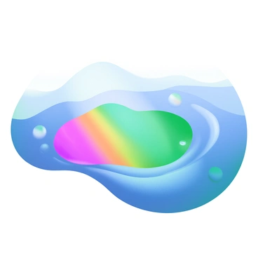 A close-up view of water with a thin layer of oil on its surface. The oil creates a vibrant rainbow sheen that reflects various colors, including shades of blue, green, and pink. Small ripples disturb the surface, enhancing the dynamic effect of the colors. The surrounding area features gentle light reflecting off the water, accentuating the iridescent quality of the oil.
