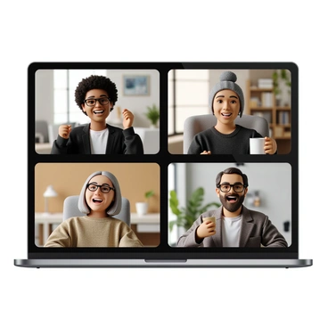 A group of four middle-aged friends with diverse backgrounds is gathered on a Zoom video call. Each friend appears in their own square on the screen. One friend with curly hair is wearing glasses and smiling broadly while animatedly sharing a story. Another friend with short, gray hair is leaning back in a chair, chuckling softly. The third friend, a woman with shoulder-length hair tied up in a bun, is holding a coffee mug and laughing heartily, her joy evident. The fourth friend, a man with a beard, is nodding enthusiastically, showing engagement in the conversation. The background of each square varies, featuring home office setups and personal decorations, creating a warm and inviting atmosphere.